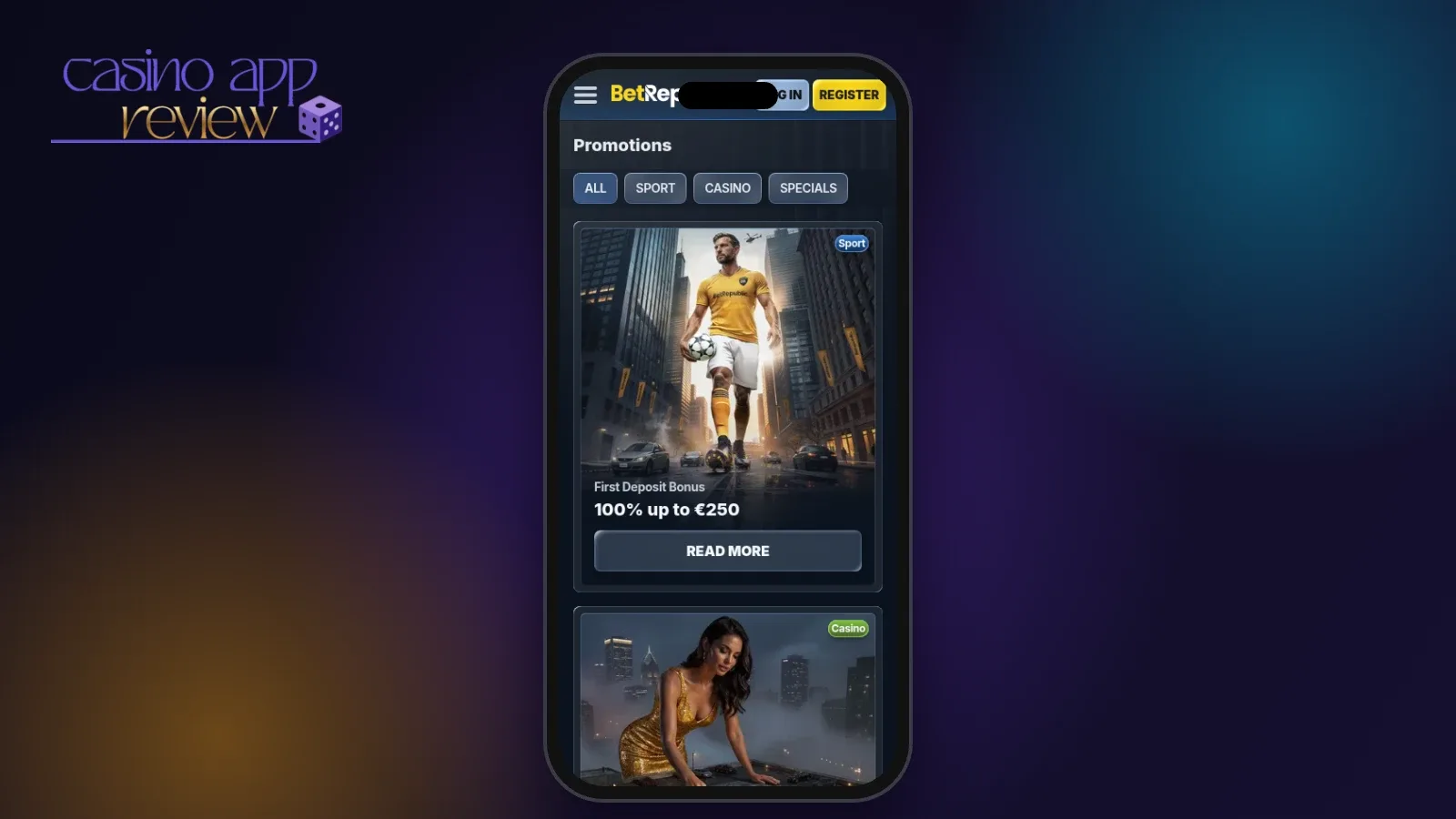 BetRepublic Casino app on a smartphone - mobile casino lobby